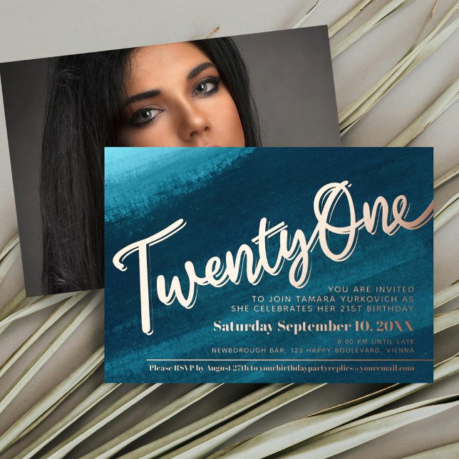 Twenty One 21st Birthday party teal gold photo Foil Invitation (Creator Uploaded)
