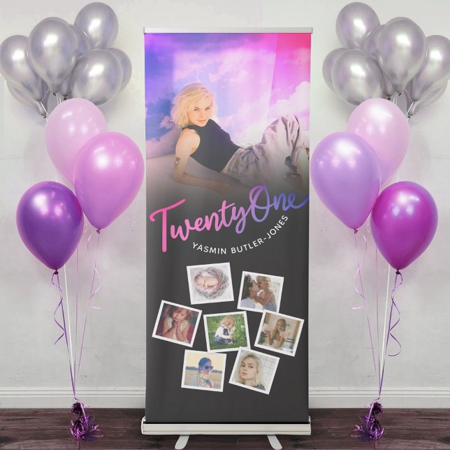 Twenty one 21st Birthday photo purple pink black Retractable Banner (Creator Uploaded)
