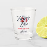 Twenty One 21st Birthday Shot Glass<br><div class="desc">Stylish and fashionable shot glass for a 21st birthday celebration. The design showcases an elegant red "21, " beautifully written calligraphy script of "twenty one, " heartfelt "happy birthday" wishes,  and the option to personalize it with a name. This trendy gift is perfect to commemorate a 21st birthday milestone.</div>