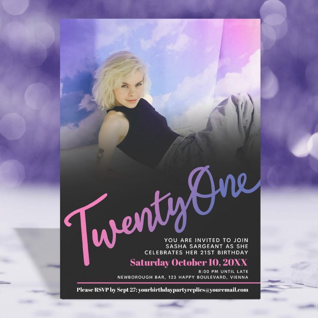 Twenty one Birthday custom photo pink purple black Invitation (Creator Uploaded)