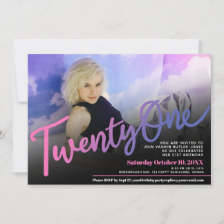 Twenty one Birthday custom photo pink purple black Invitation