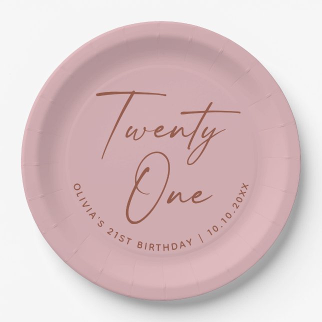 Twenty One Birthday | Dusty Rose Pink 21st Party Paper Plates (Front)