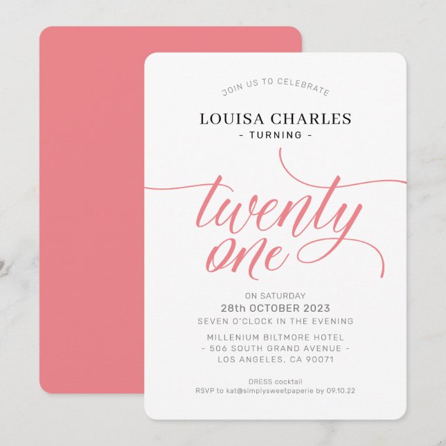 TWENTY-ONE birthday elegant chic script coral Invi Invitation (Front/Back)