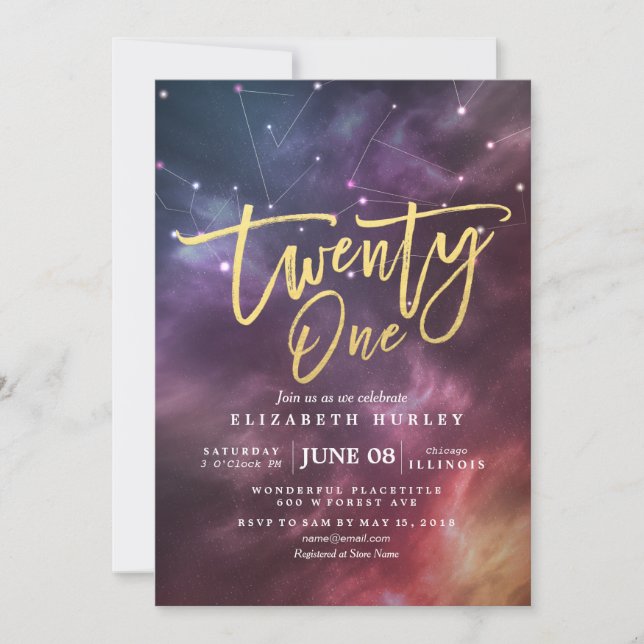 Twenty One Birthday Party Galaxy Constellations Invitation (Front)