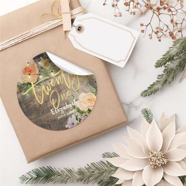 Twenty One Birthday Party Wood Flower String Light Classic Round Sticker (Creator Uploaded)