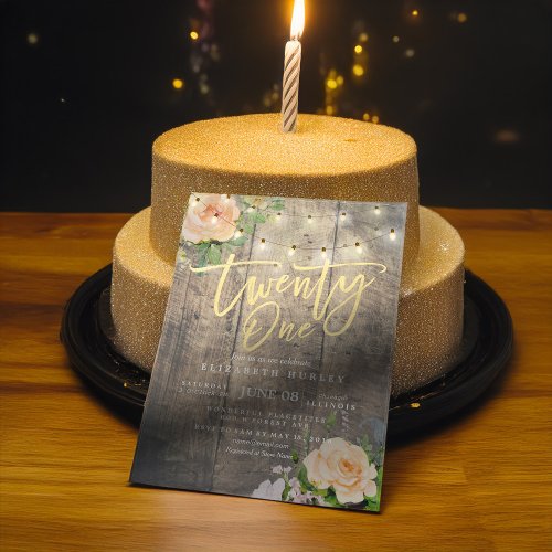 Twenty One Birthday Party Wood Flower String Light Invitation