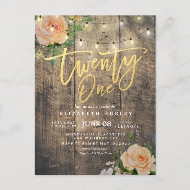 Twenty One Birthday Party Wood Flower String Light Invitation Postcard (Front)