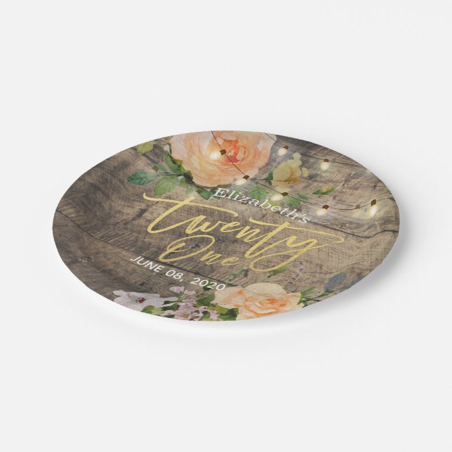 Twenty One Birthday Party Wood Flower String Light Paper Plates (Angled)
