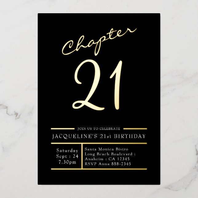 Twenty One Black Gold 21st Birthday Party Gold Foil Invitation (Front)