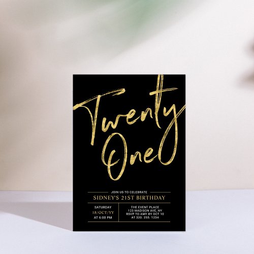 Twenty one  Black  Gold Chic 21st Birthday Party Invitation