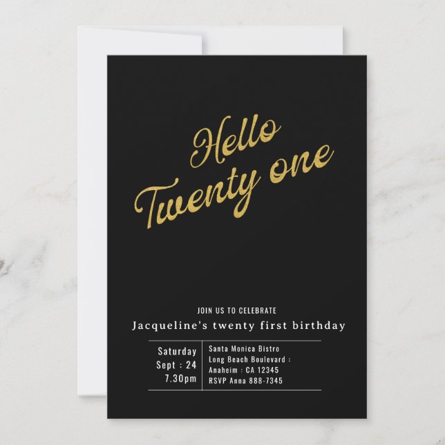 Twenty One Black Gold Modern 21st Birthday Invitation (Front)