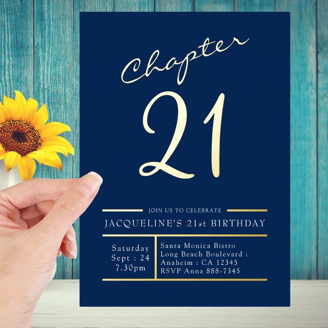 Twenty One Blue Gold 21st Birthday Party Gold Foil Invitation (Creator Uploaded)