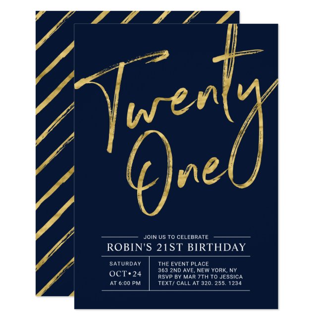 Twenty one | Blue & Gold Chic 21st Birthday Party Invitation