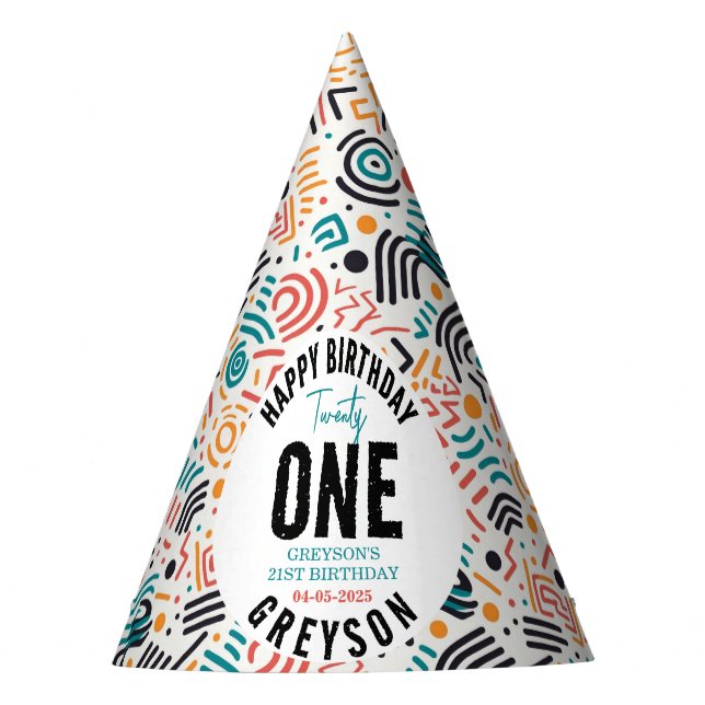 Twenty one | Colorful Geometric 21st Birthday Party Hat (Front)