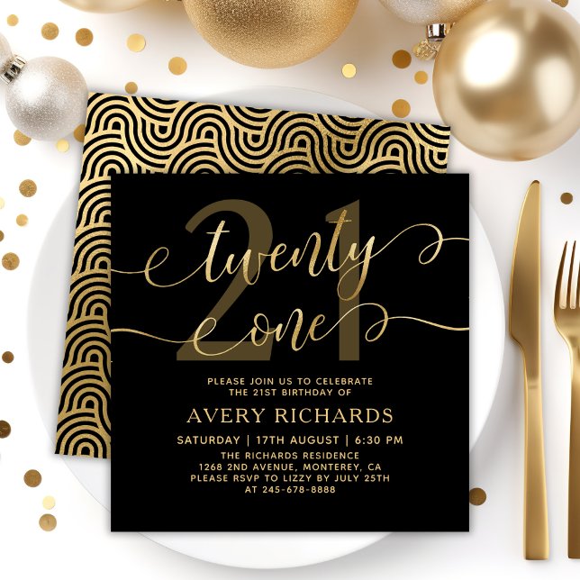 Twenty One Elegant Gold Script Black 21st Birthday Invitation (Creator Uploaded)