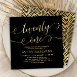 Twenty One Elegant Gold Script Black 21st Birthday Invitation<br><div class="desc">Chic Elegant Black and Gold Twenty One Script 21st Birthday Invitation. This modern birthday party invitation template features stylish „twenty one” text in huge faux gold foil whimsical swirly handwritten calligraphy (or typography) script with swash tails, party details in gold color on black background. At the reverse side faux gold...</div>