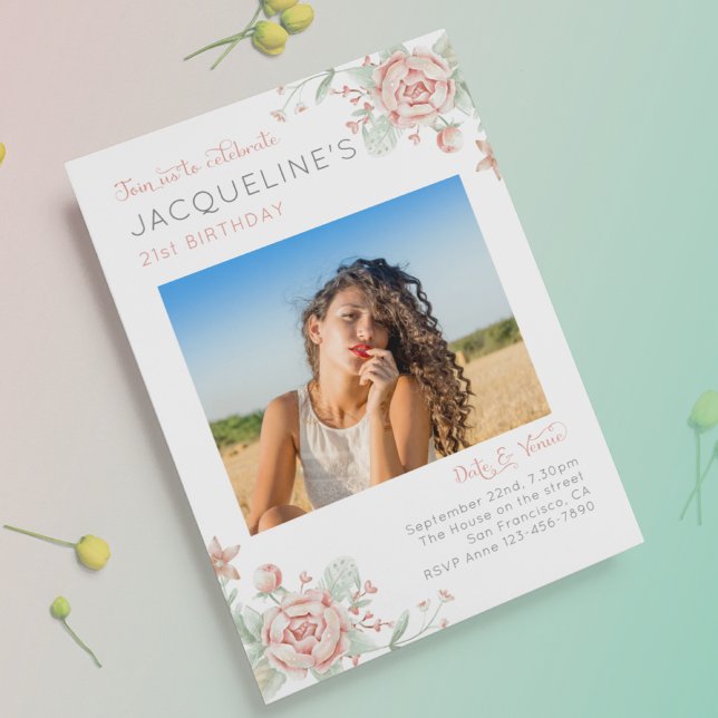 Twenty One Feminine 21st Birthday Photo Invitation (Creator Uploaded)