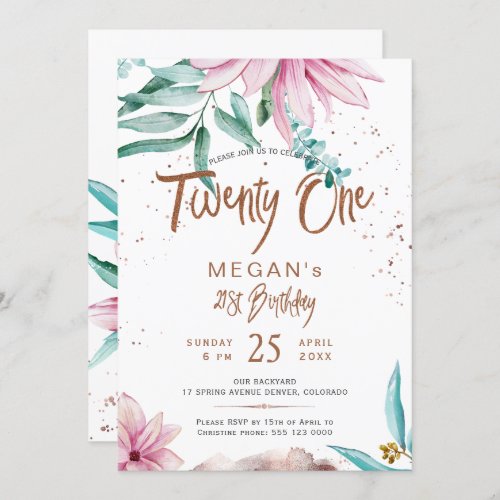 Twenty One floral typography 21st birthday Invitation