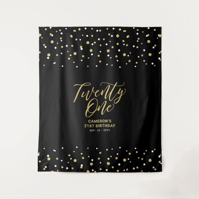Twenty One | Gold & Black Birthday Party Backdrop (Front)
