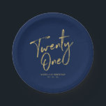 Twenty one | Gold & Navy 21st birthday Party Paper Plates<br><div class="desc">This custom paper plate will add stylish detail to the modern gold 21st birthday. This design features simple chic lettering "Twenty One" with custom text on a navy blue background. Matching invitations and party supplies are available in my shop BaraBomDesign.</div>