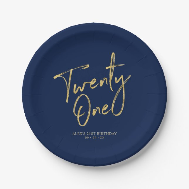 Twenty one | Gold & Navy 21st birthday Party Paper Plates (Front)