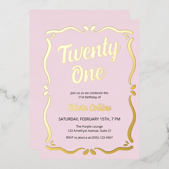 Twenty One Gold Script Blush Pink 21st Birthday Foil Invitation (Front/Back)