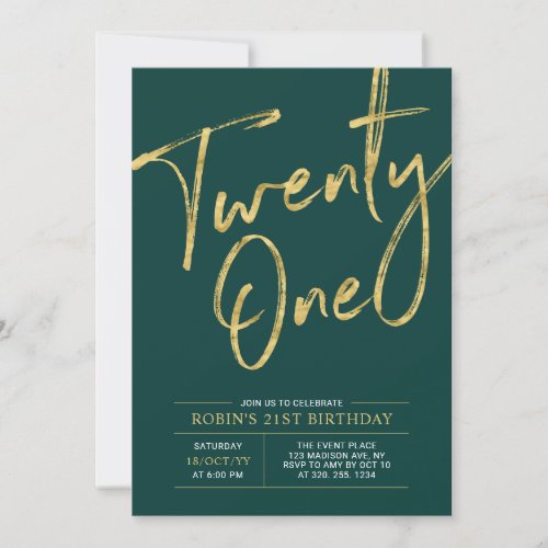 Twenty one  Green  Gold Chic 21st Birthday Party Invitation