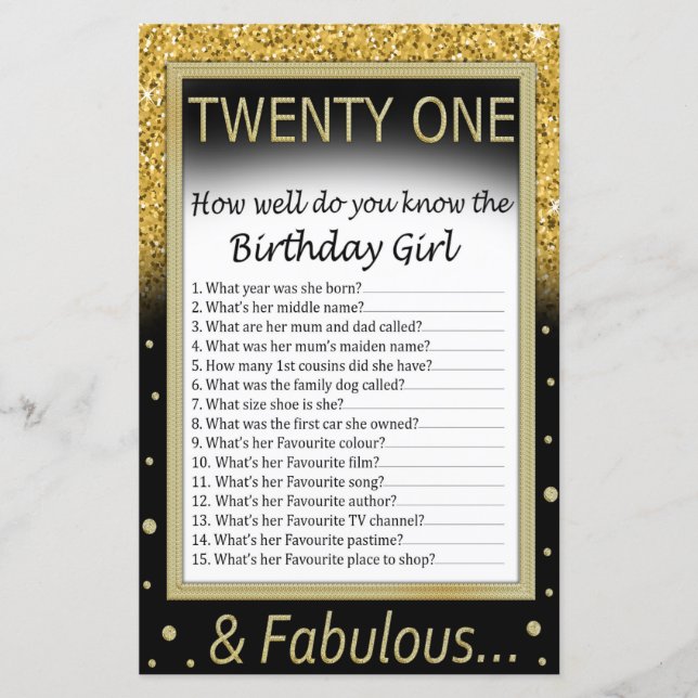 Twenty One How well do you know the birthday girl (Front)