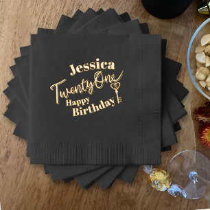 Twenty one key 21st Birthday party black gold Foil Napkins