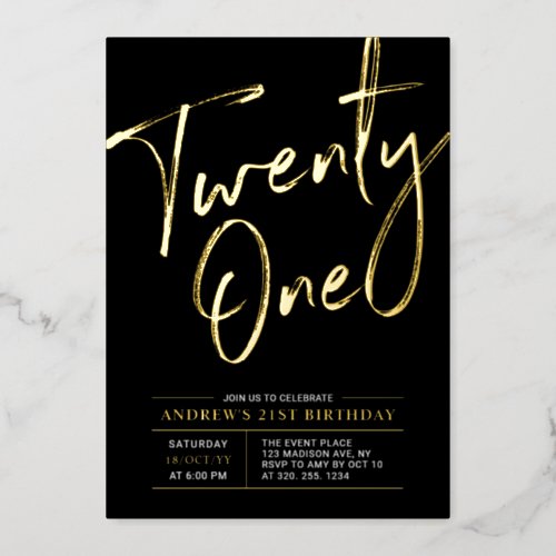 Twenty One Lettering Black 21st Birthday Party Foil Invitation