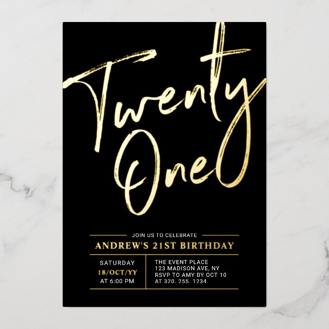 Twenty One Lettering Black 21st Birthday Party Foil Invitation (Front)