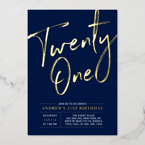 Twenty One Lettering Navy blue 21st Birthday Party Foil Invitation