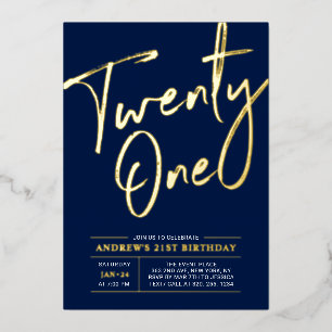 Twenty One Lettering Navy blue 21st Birthday Party Foil Invitation
