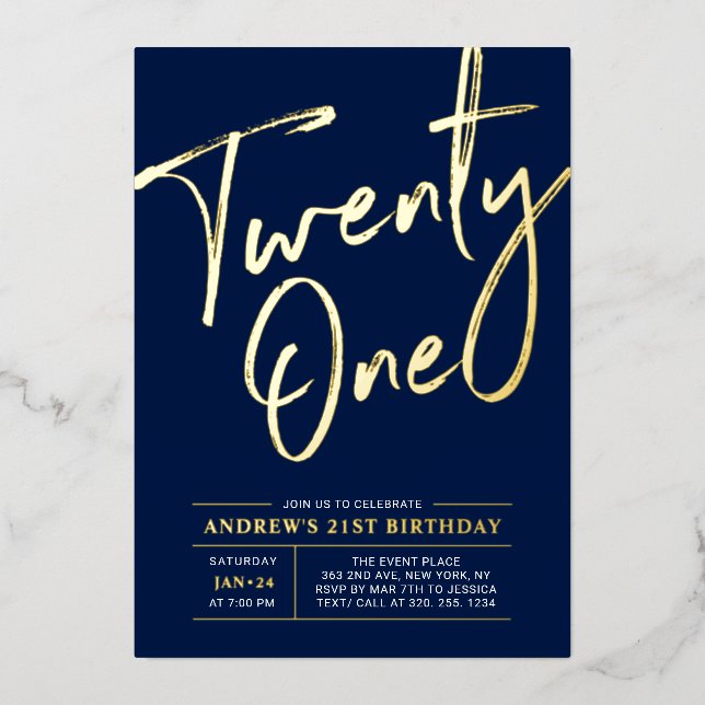 Twenty One Lettering Navy blue 21st Birthday Party Foil Invitation (Front)