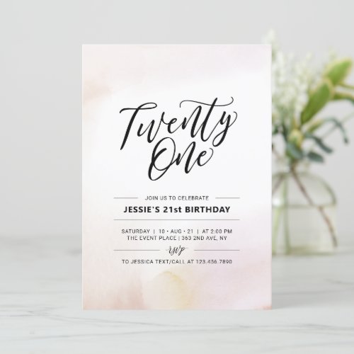 Twenty One Minimal Watercolor 21st Birthday Invitation