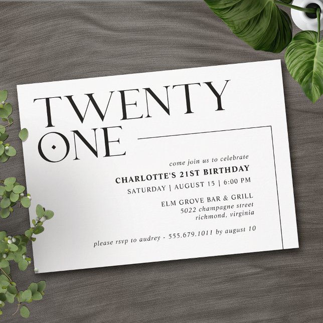 Twenty One | Modern Black and White 21st Birthday Invitation (Creator Uploaded)