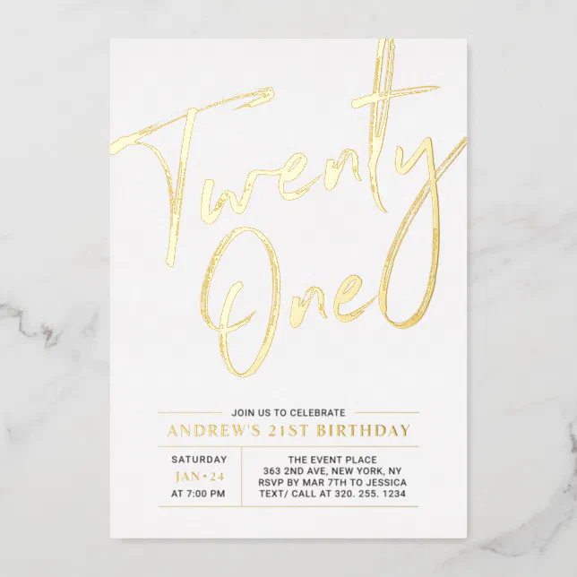 Twenty One Modern Gold 21st Birthday Party Foil Invitation | Zazzle