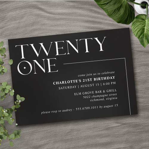 Twenty One  Modern Minimal Black 21st Birthday Invitation