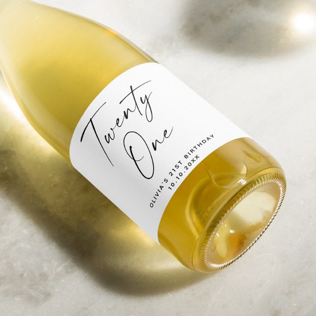 Twenty one. Modern simple script 21st Birthday Sparkling Wine Label (Creator Uploaded)