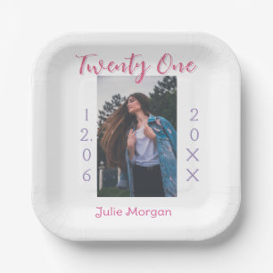 twenty one photo birthday pink purple girl boy nam paper plates