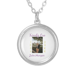 twenty one photo birthday pink purple girl boy nam silver plated necklace