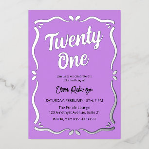 Twenty One Purple Black Typography 21st Birthday Foil Invitation