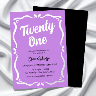 Twenty One Purple Black Typography 21st Birthday Foil Invitation