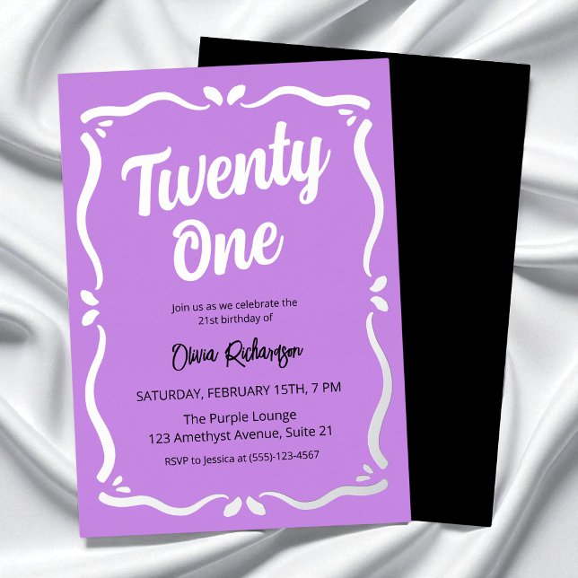 Twenty One Purple Black Typography 21st Birthday Foil Invitation (Twenty One Purple Black Typography 21st Birthday Foil Invitation)