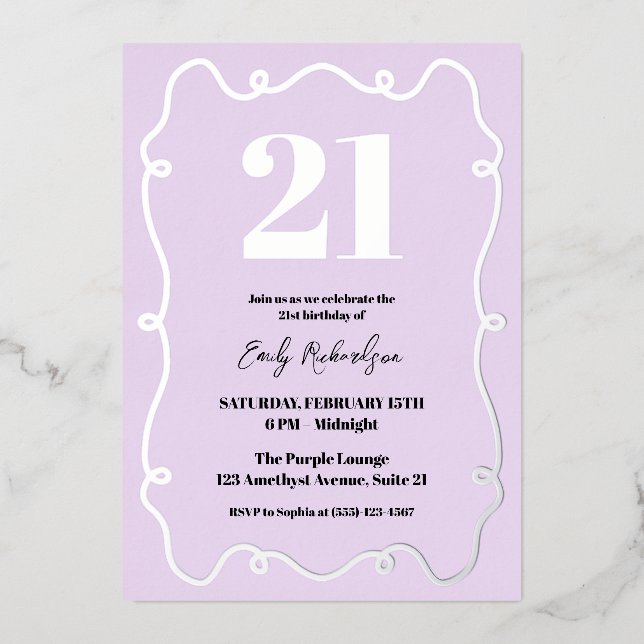 Twenty One Purple Elegant Chic 21st Birthday Party Foil Invitation (Front)