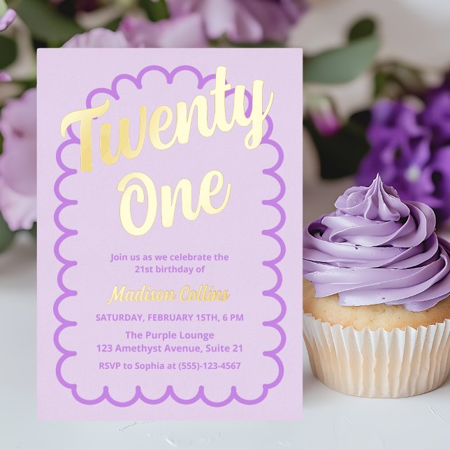Twenty One Purple Typography Girly Birthday Party Foil Invitation (Twenty One Purple Typography Girly Birthday Party Foil Invitation)