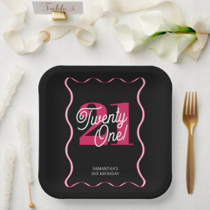 Twenty One Retro Wavy Black Pink Birthday Paper Plates