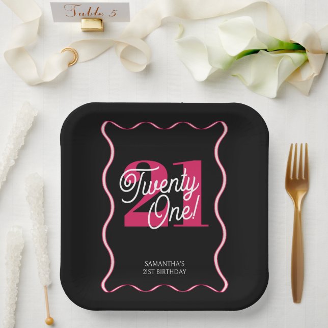 Twenty One Retro Wavy Black Pink Birthday Paper Plates (Wedding)