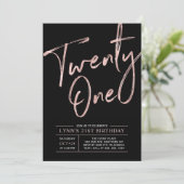 Twenty one | Rose Gold & Black 21st Birthday Party Invitation (Standing Front)