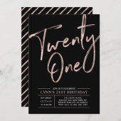 Twenty one | Rose Gold & Black 21st Birthday Party Invitation (Front/Back)